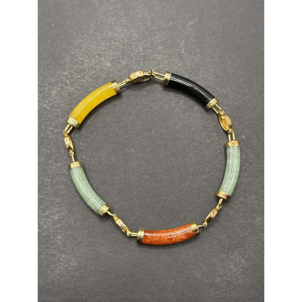 Vintage 7.25" Gold Sterling Silver Multi Color Jade Bracelet H25